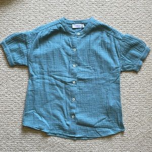 Blue Cotton Button Short Sleeve Shirt